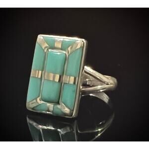 Vintage Zuni Style 925 Sterling Turquoise Block Inlay Ring Size 9